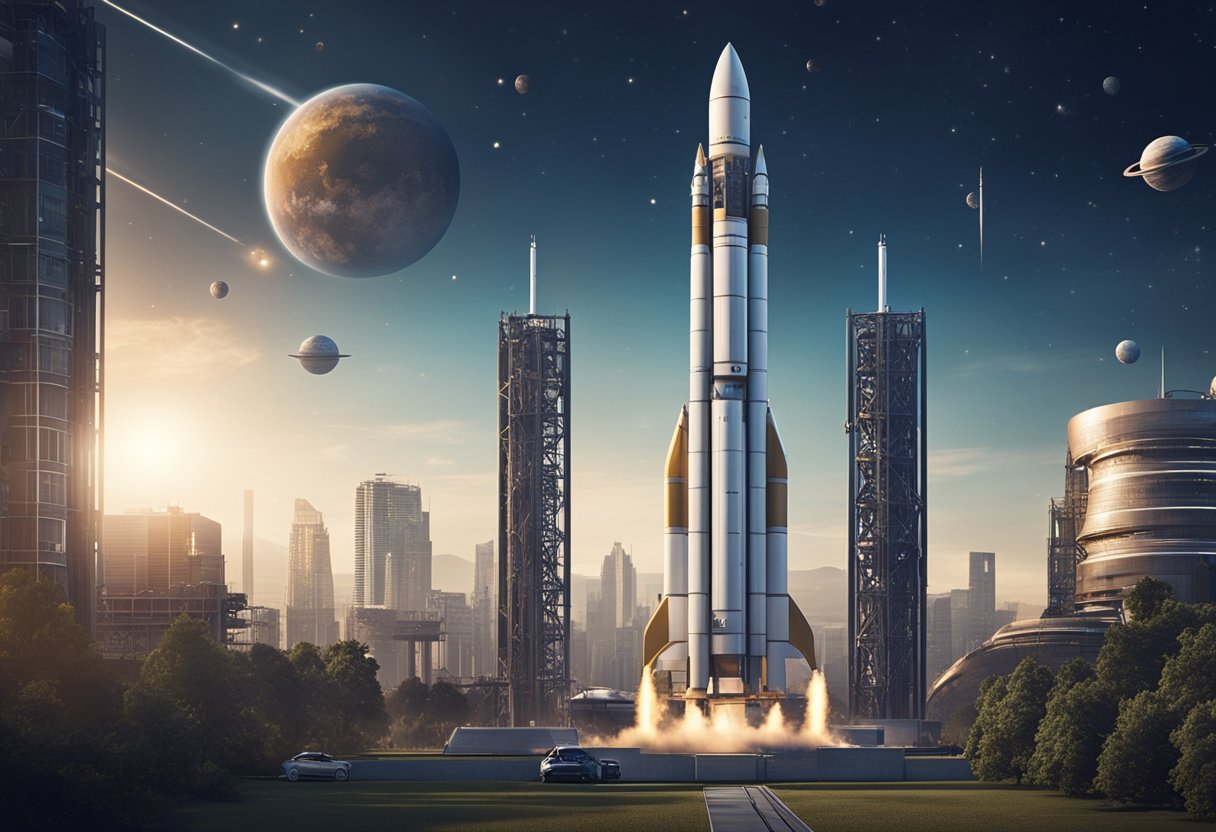 A rocket stands tall on a launch pad, surrounded by futuristic buildings and infrastructure. The sky is clear, with stars and planets visible in the background