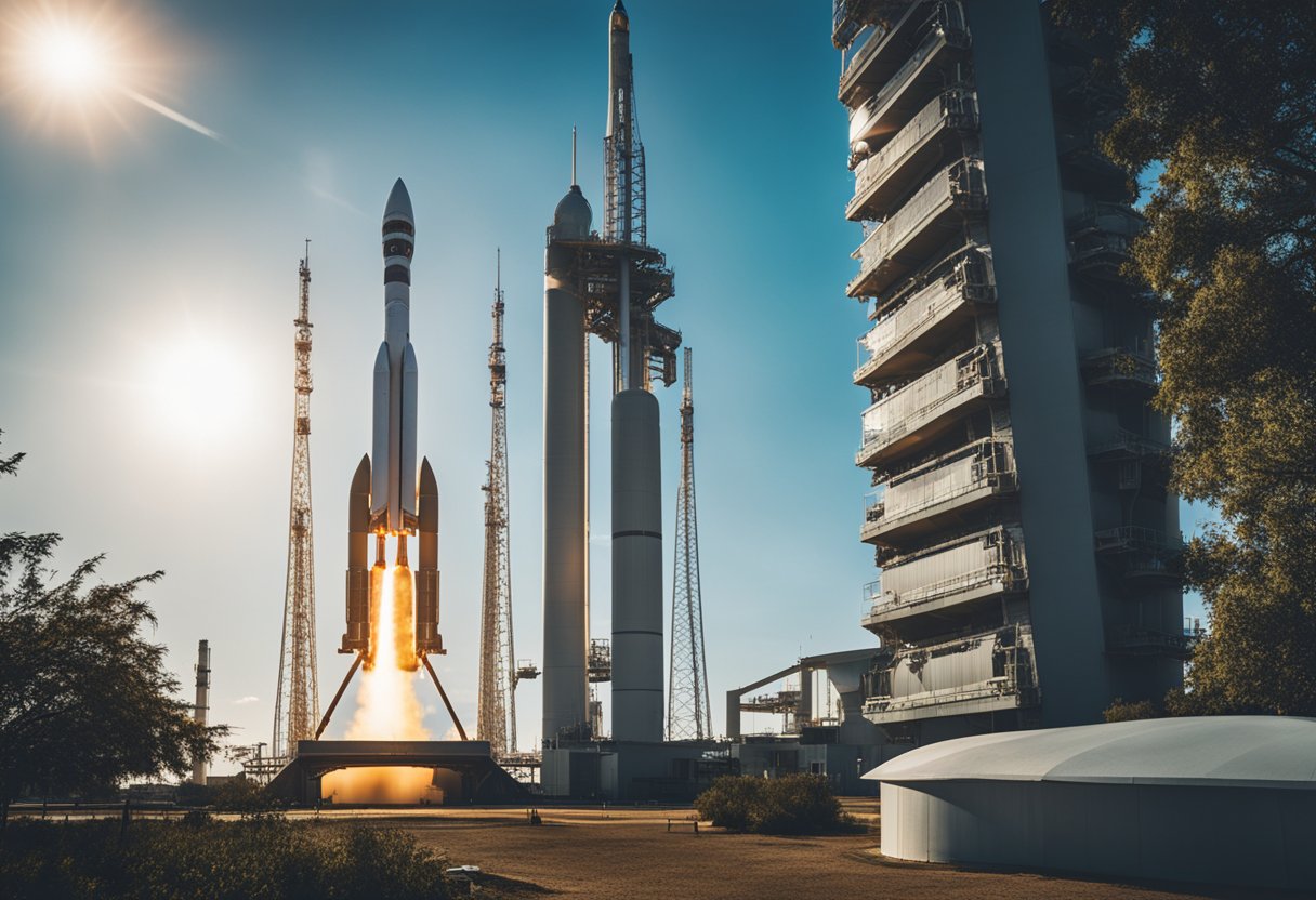 A rocket sits on a launch pad at a space tourism site, surrounded by futuristic buildings and infrastructure. The sky is clear, and the sun is shining, creating a sense of excitement and anticipation for the upcoming journey into space