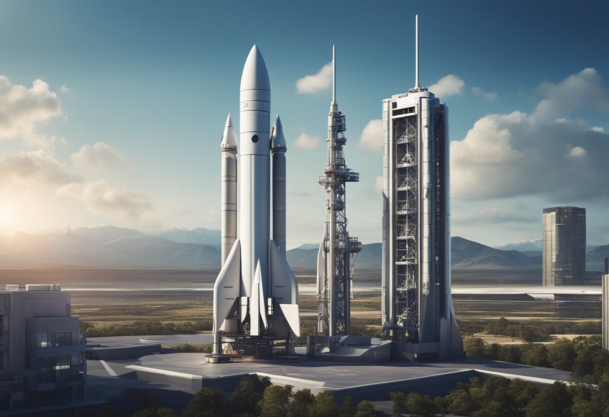 A rocket stands tall on a launch pad, surrounded by futuristic buildings and high-tech equipment, ready to take off for a space tourism experience