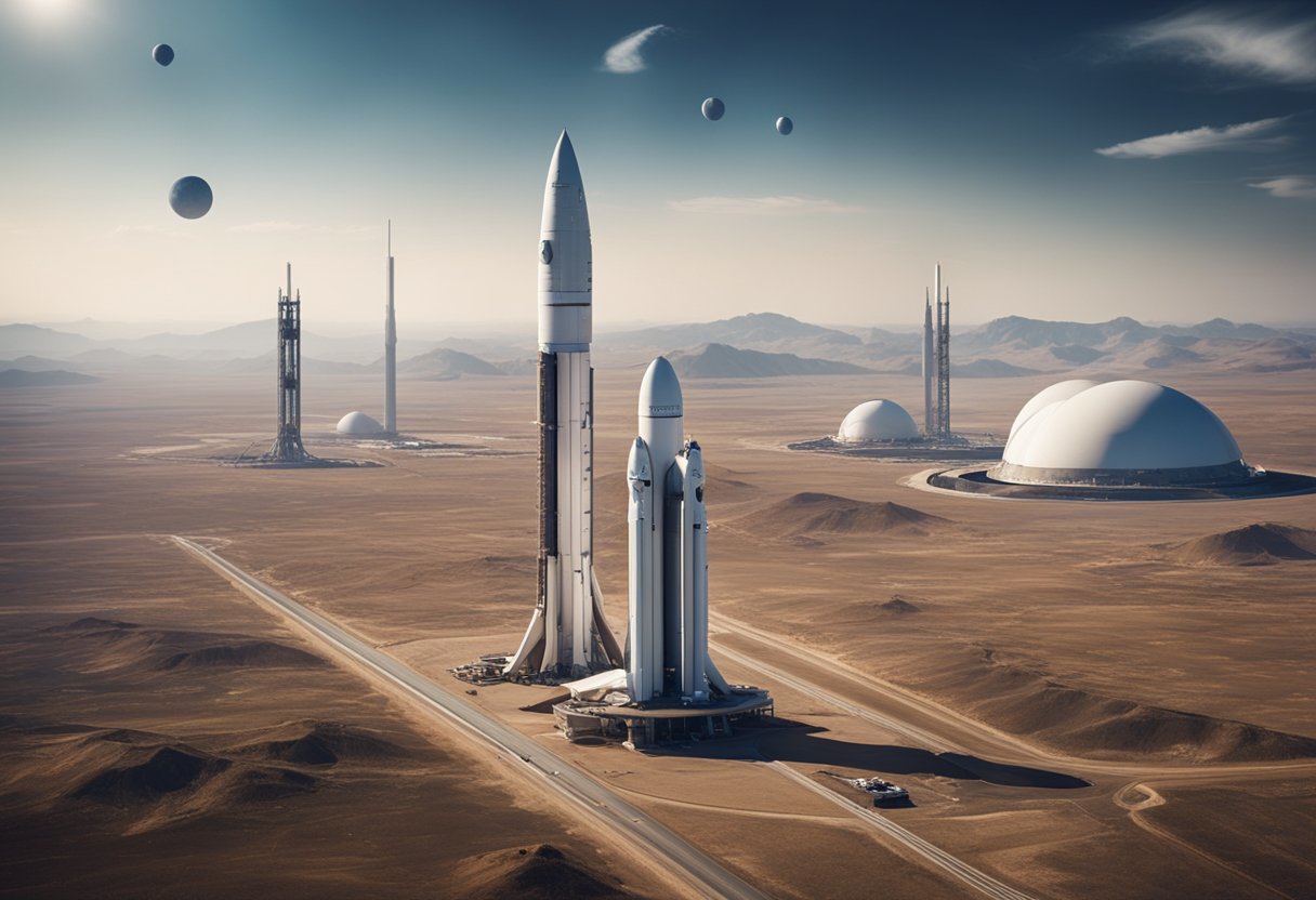 Space tourism launch sites feature towering rocket pads and futuristic infrastructure, surrounded by vast open landscapes and the endless expanse of space above