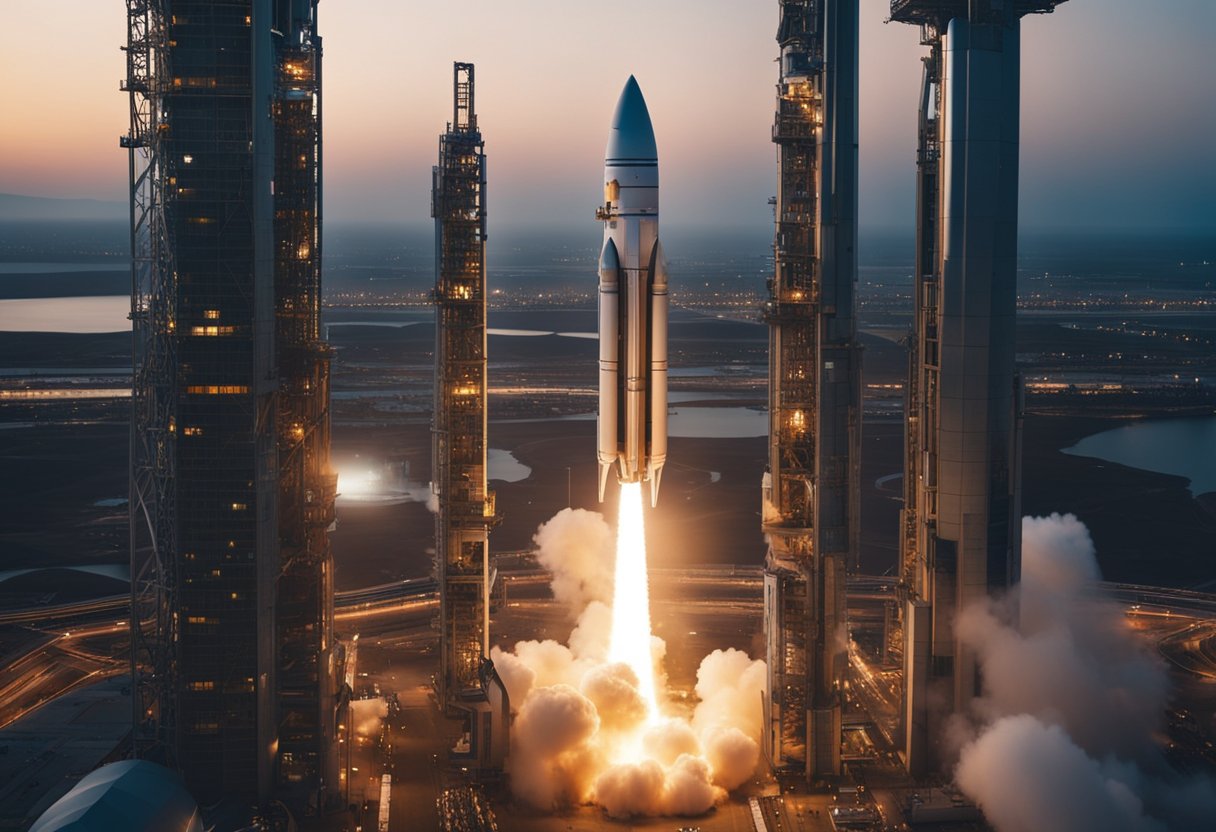 A rocket launches from a futuristic spaceport, surrounded by bustling activity and towering launch structures. The sky is clear, and the rocket's flames illuminate the surrounding area