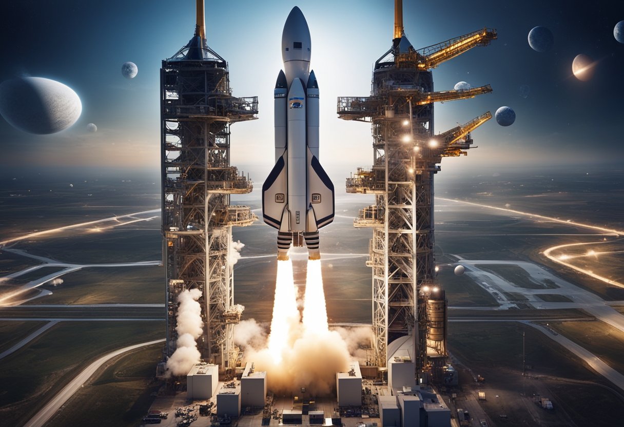 Space tourism launch sites bustling with activity as rockets and vehicles prepare for liftoff, with futuristic infrastructure and technology on display