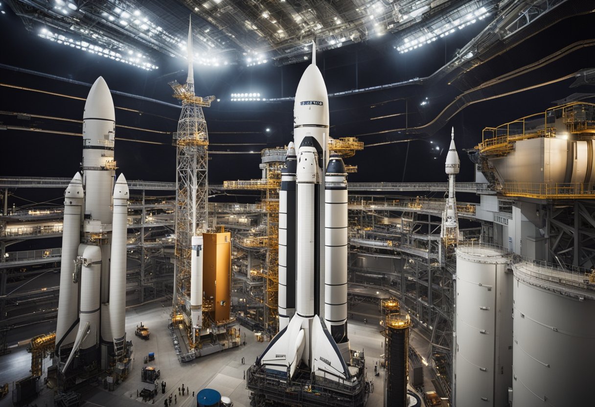 Space tourism launch sites bustling with activity as rockets are prepared for launch. Financial considerations evident in infrastructure and technology
