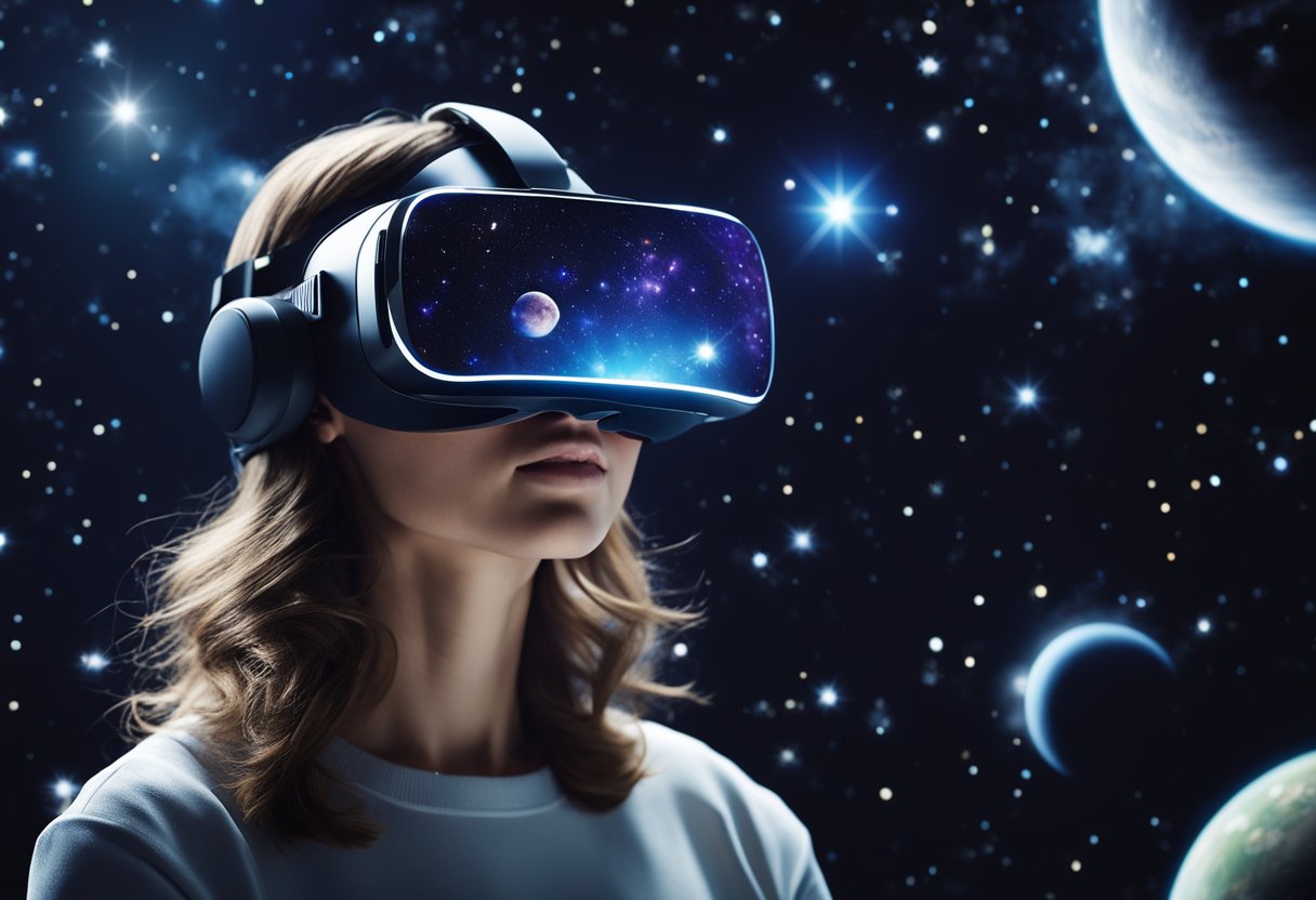 A person wearing a VR headset floats in space, surrounded by stars and planets, with a sense of awe and wonder
