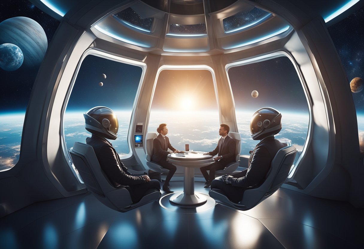 Passengers float in zero gravity, gazing out at planets and stars through a panoramic window in a sleek, futuristic spacecraft