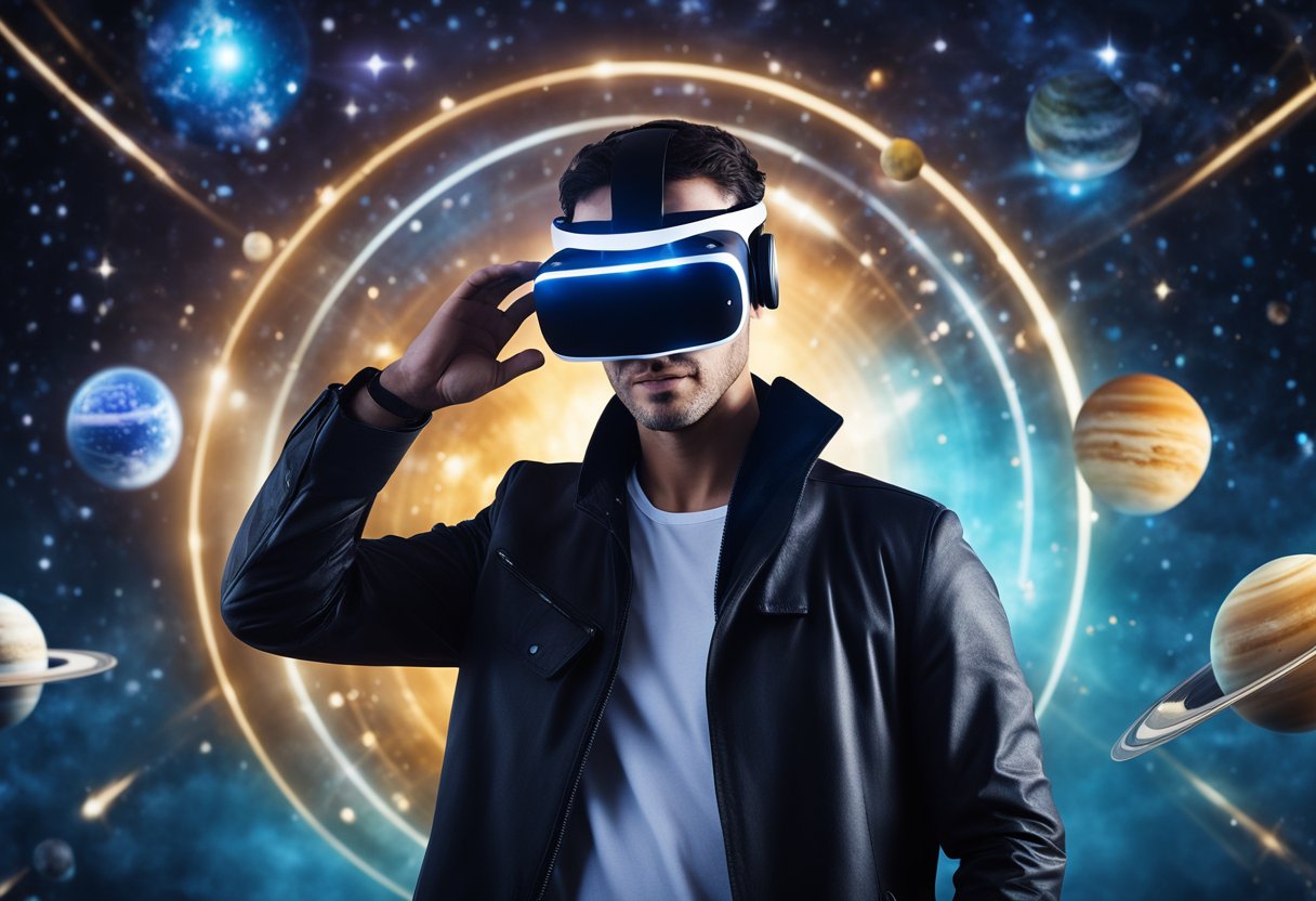 A person wearing a VR headset, surrounded by a futuristic virtual space environment with planets, stars, and galaxies