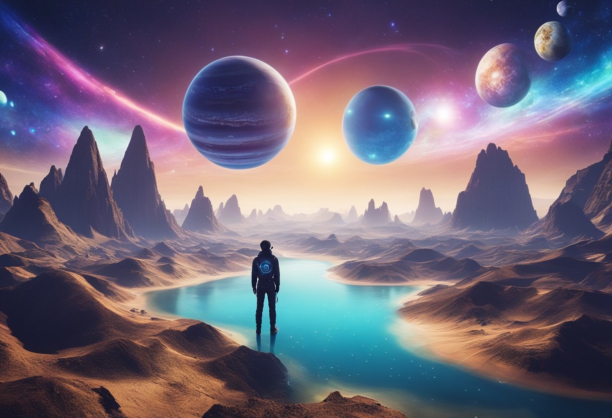 A virtual space traveler floats above a vividly detailed alien landscape, surrounded by swirling galaxies and distant planets
