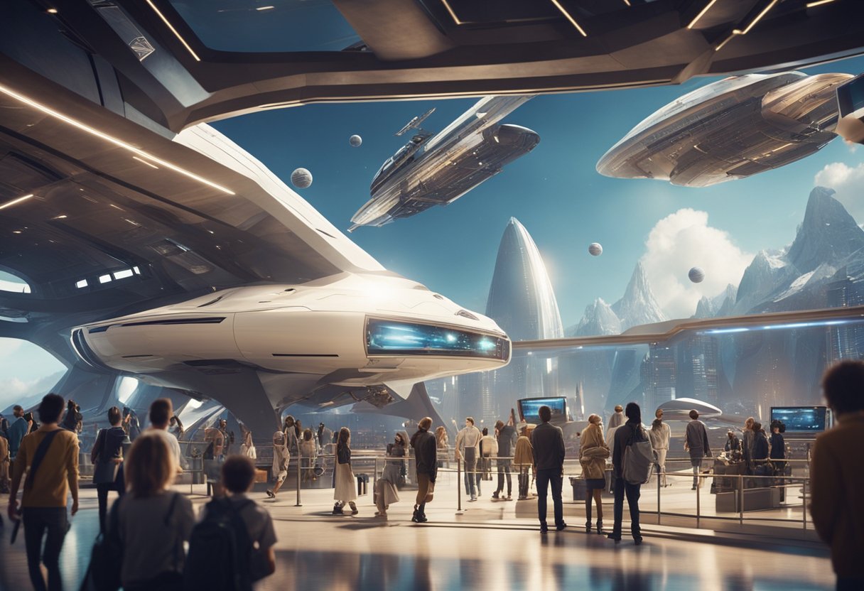 A spaceship launching from a futuristic spaceport, with Earth in the background and a group of excited tourists boarding the vessel