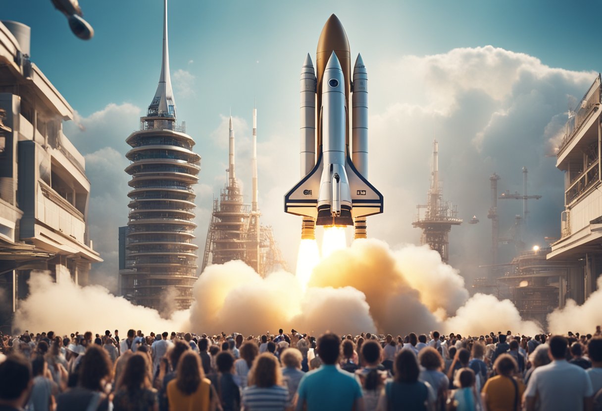 A rocket launching into space with a futuristic spaceport in the background. A crowd of excited tourists watches from a safe distance