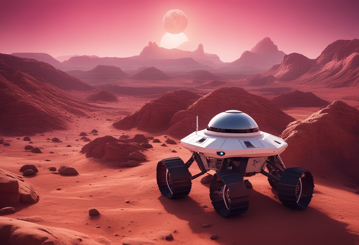 A rover navigates red rocky terrain, with futuristic domed habitats in the background, under a pink-hued Martian sky