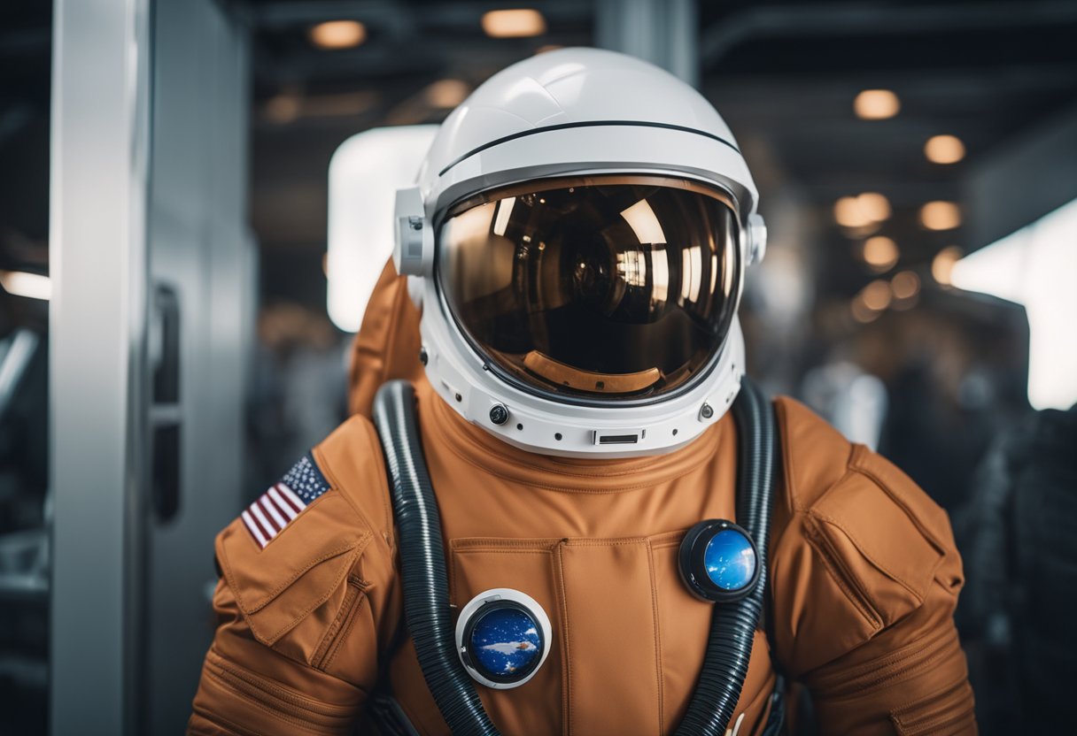 A space suit stands ready for Mars habitat excursions. Advanced technology and protective materials are visible