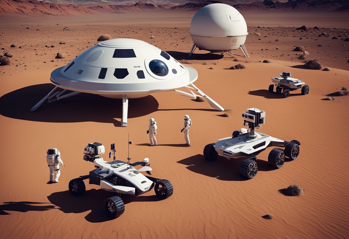 Rovers and drones gather supplies outside a futuristic Mars habitat, as astronauts prepare for their next excursion