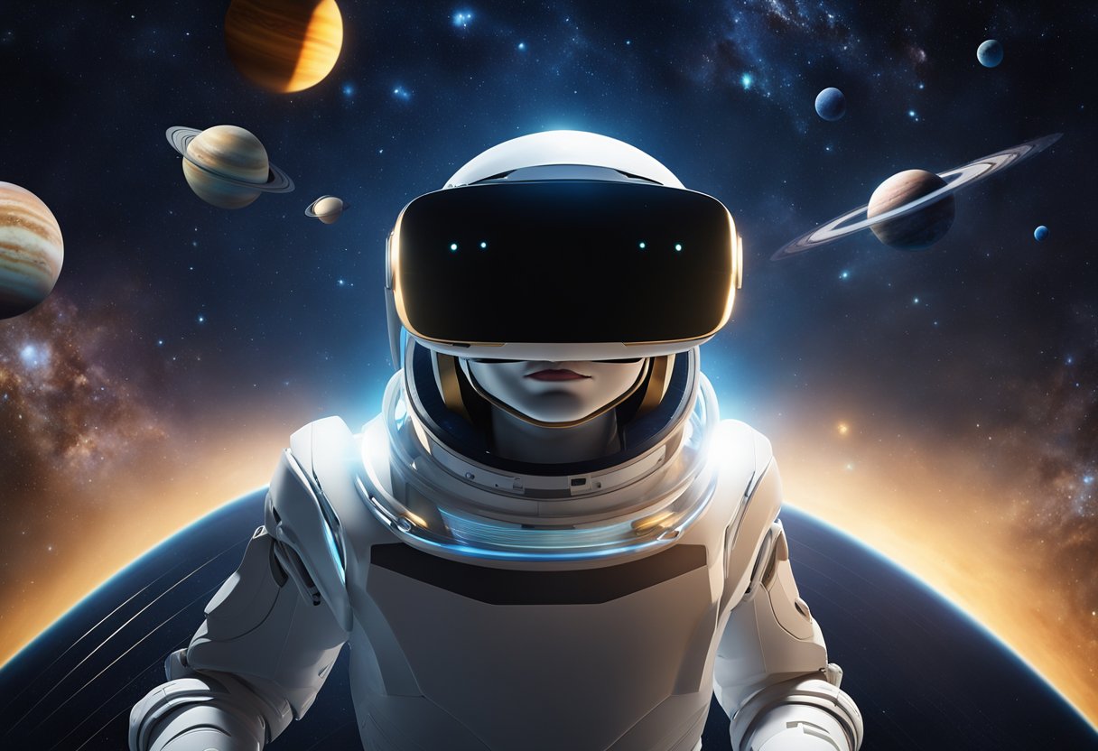A virtual reality headset hovers in space, displaying a 3D model of the solar system. Augmented reality elements enhance the experience, with interactive planets and educational information popping up around the viewer