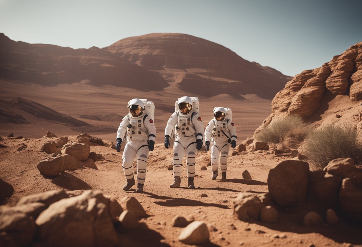 A group of astronauts explores a Mars habitat, carefully navigating the rocky terrain and conducting psychological evaluations