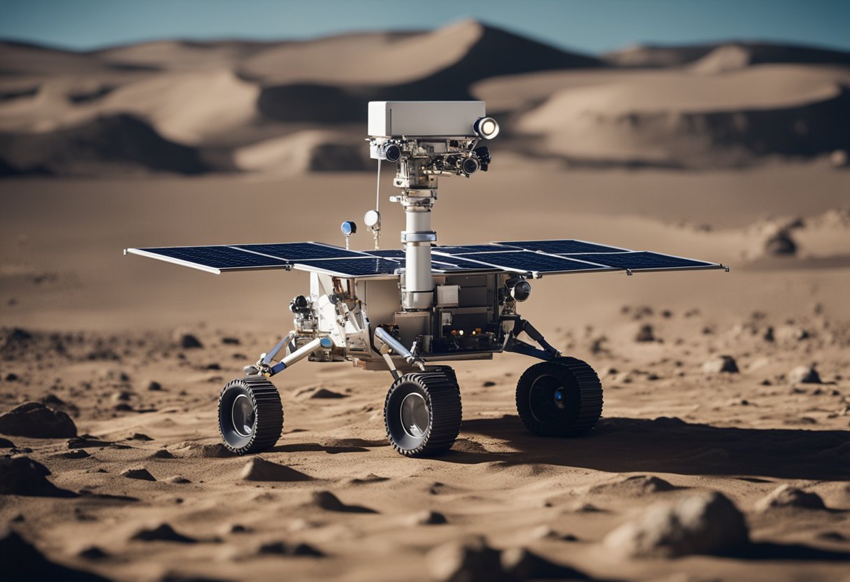 A lunar rover approaches a futuristic base with solar panels, communication antennas, and a landing pad on the moon's surface