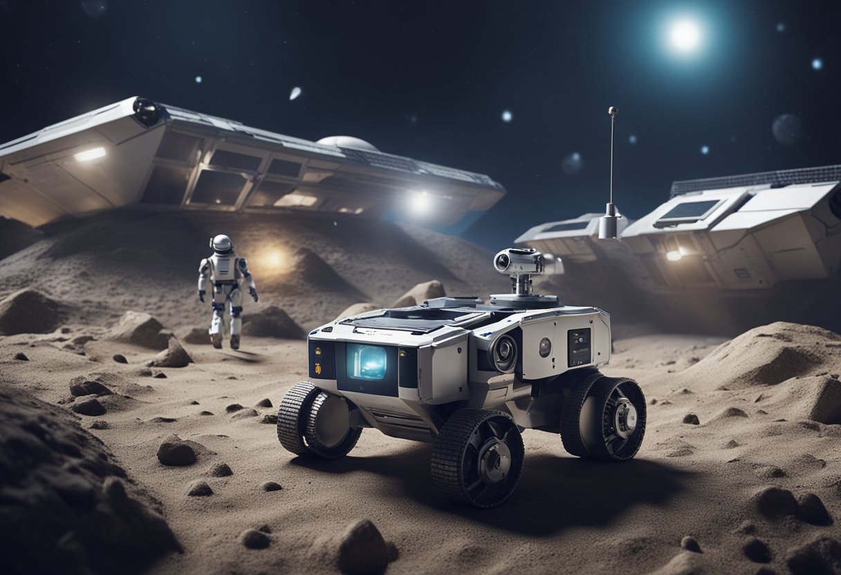 Robotic vehicles explore a lunar base, working in harmony with human operators