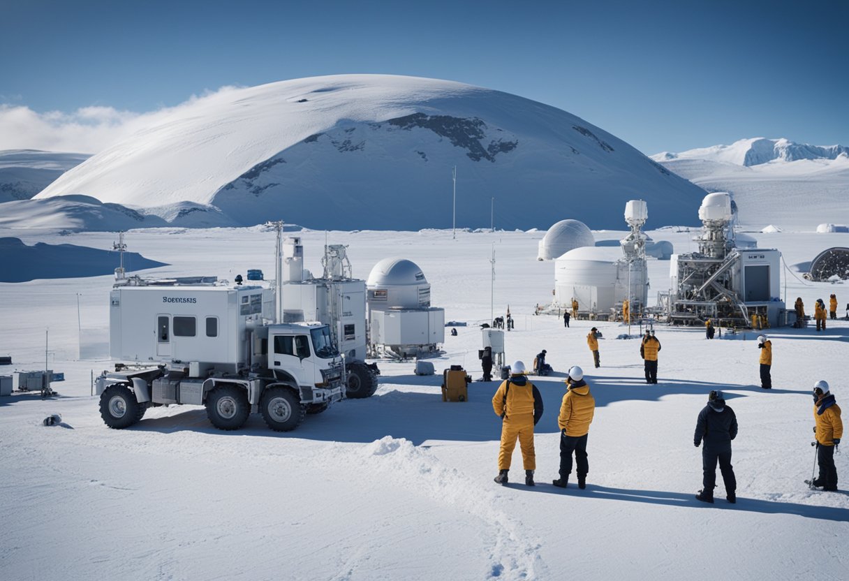 Researchers explore the lunar south pole, conducting experiments and collecting samples. A future base is visible in the background, with equipment and vehicles scattered around the site