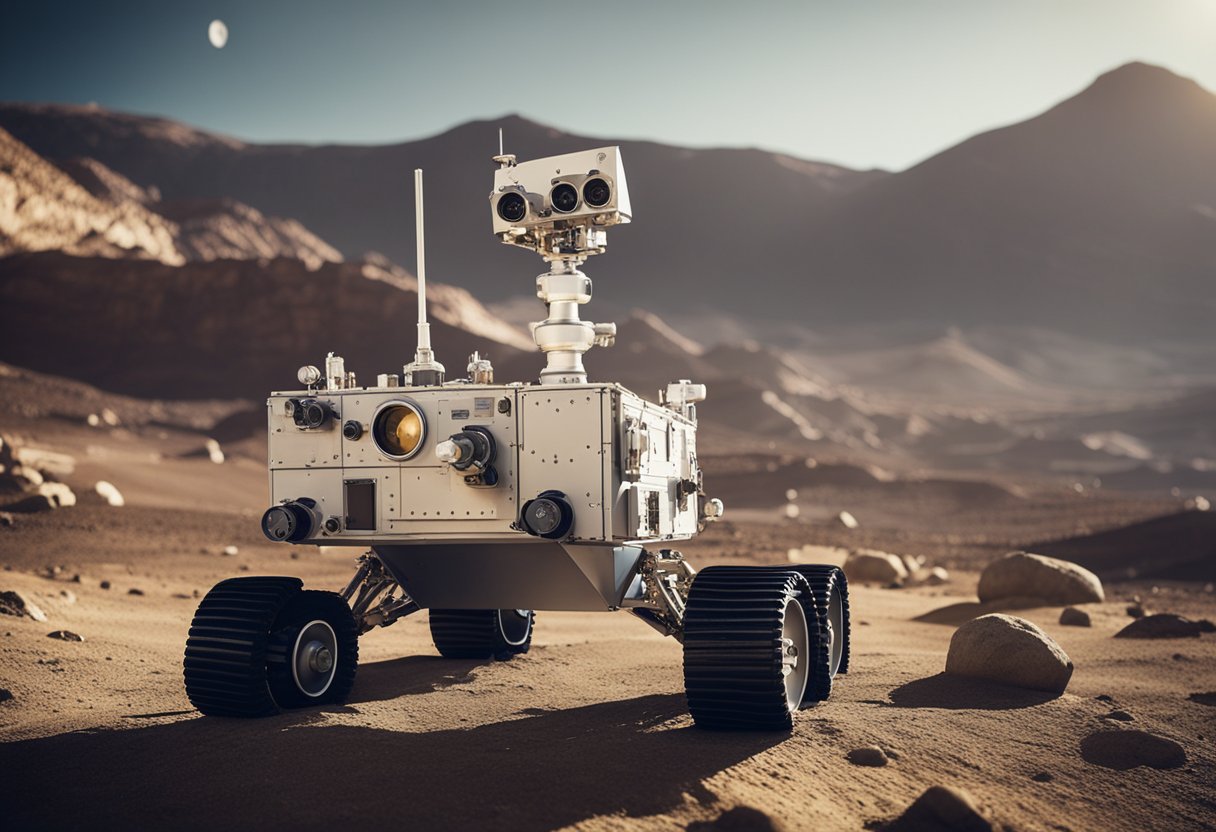 A lunar rover navigates rugged terrain, communicating with the future lunar base. Astronauts in space suits are visible in the distance