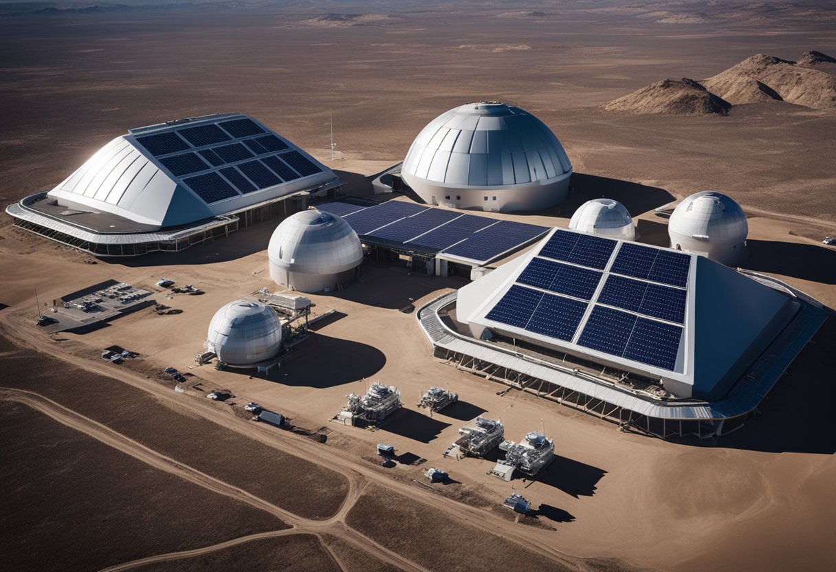 The future lunar base stands against the stark landscape, with solar panels glinting in the sunlight. Astronauts conduct experiments and explore the surface, while Earth looms large in the sky