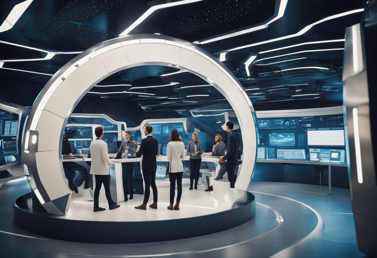 A futuristic lunar base with visitors exploring, asking questions, and engaging with staff