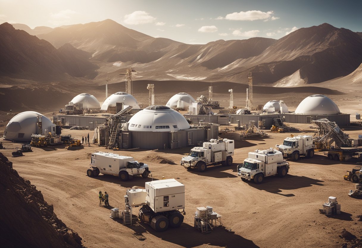 Artemis Base Camp: Lunar base under construction with vehicles and equipment, astronauts working on habitat modules, and a view of Earth in the background