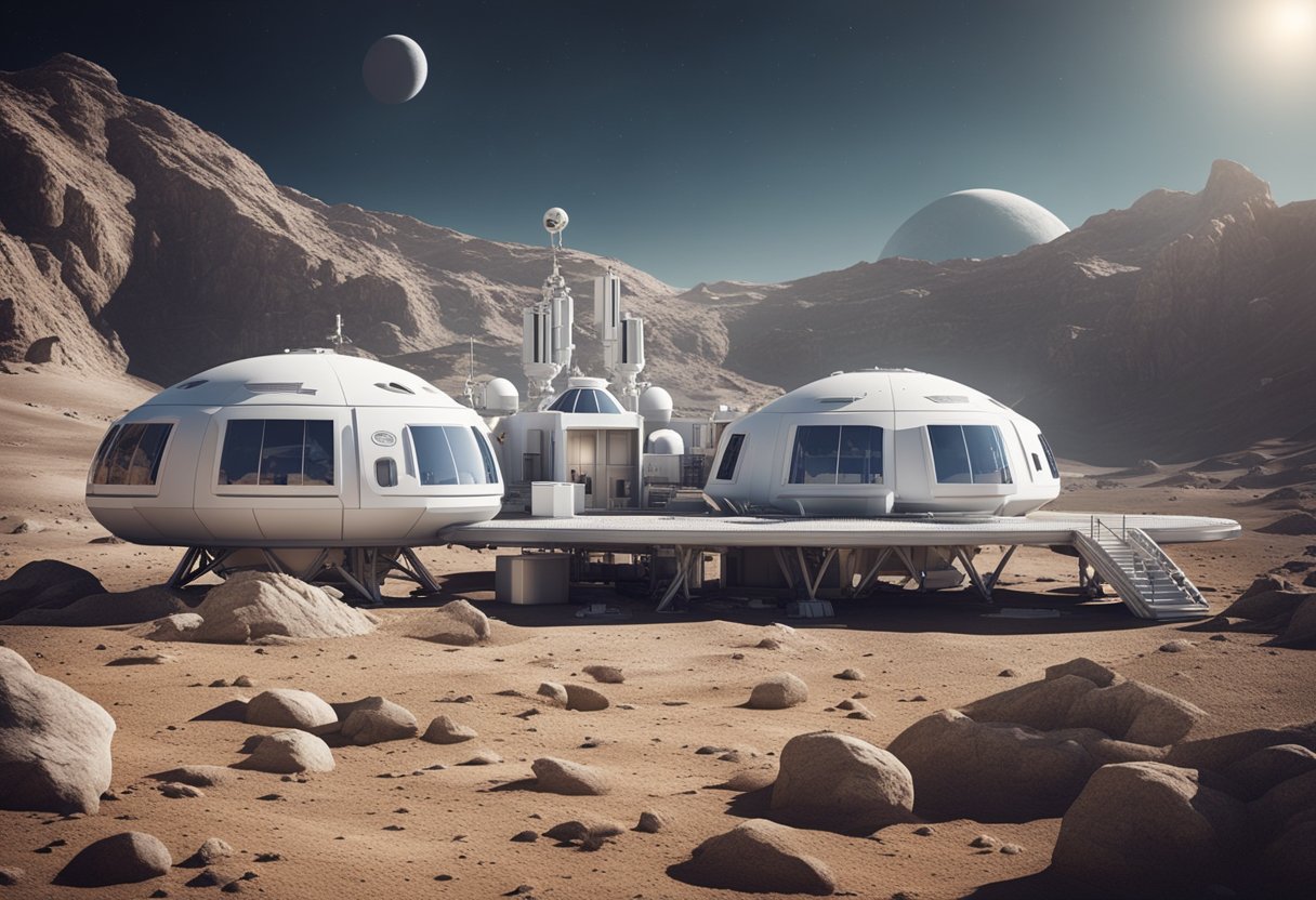 A futuristic lunar base with life support systems and habitable living quarters, surrounded by a barren, rocky lunar landscape