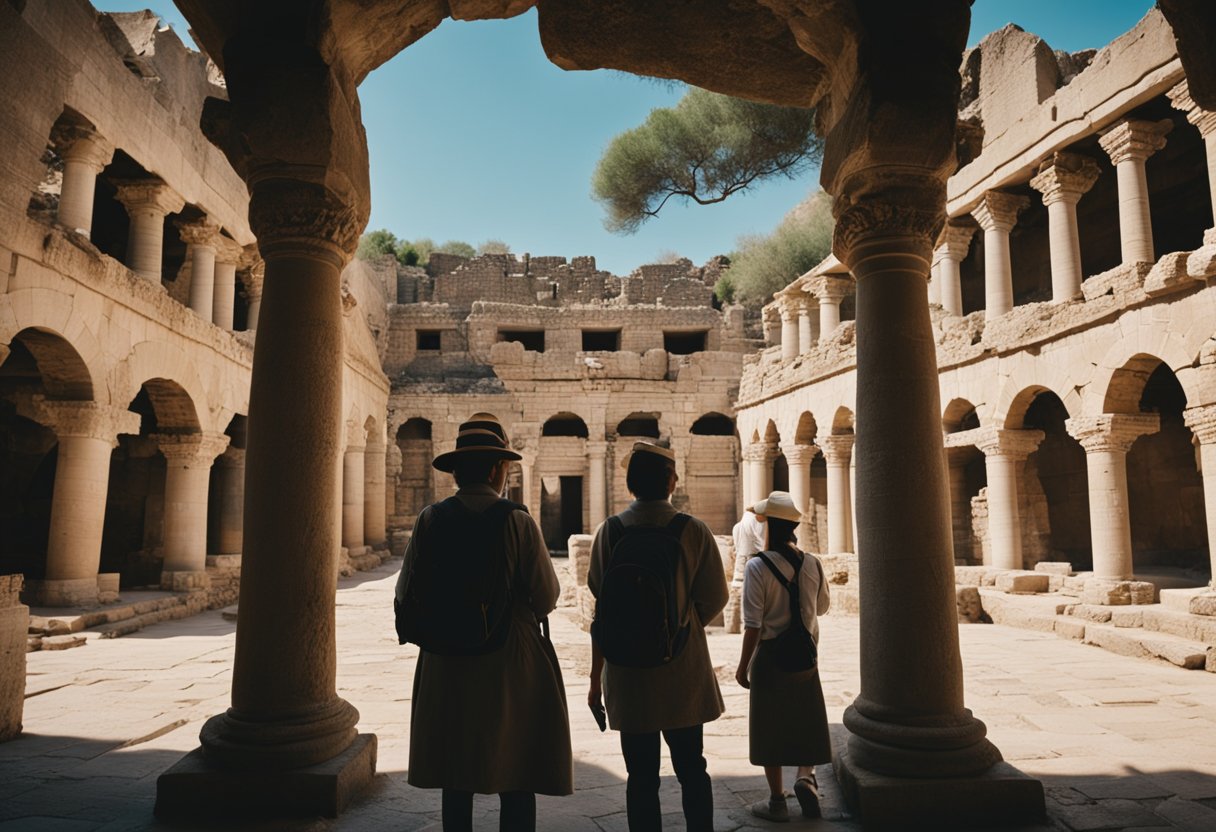 Visitors explore ancient ruins with a guide