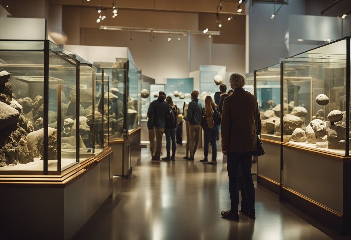 Visitors explore space artifacts in museum exhibits. Historical tours showcase educational resources