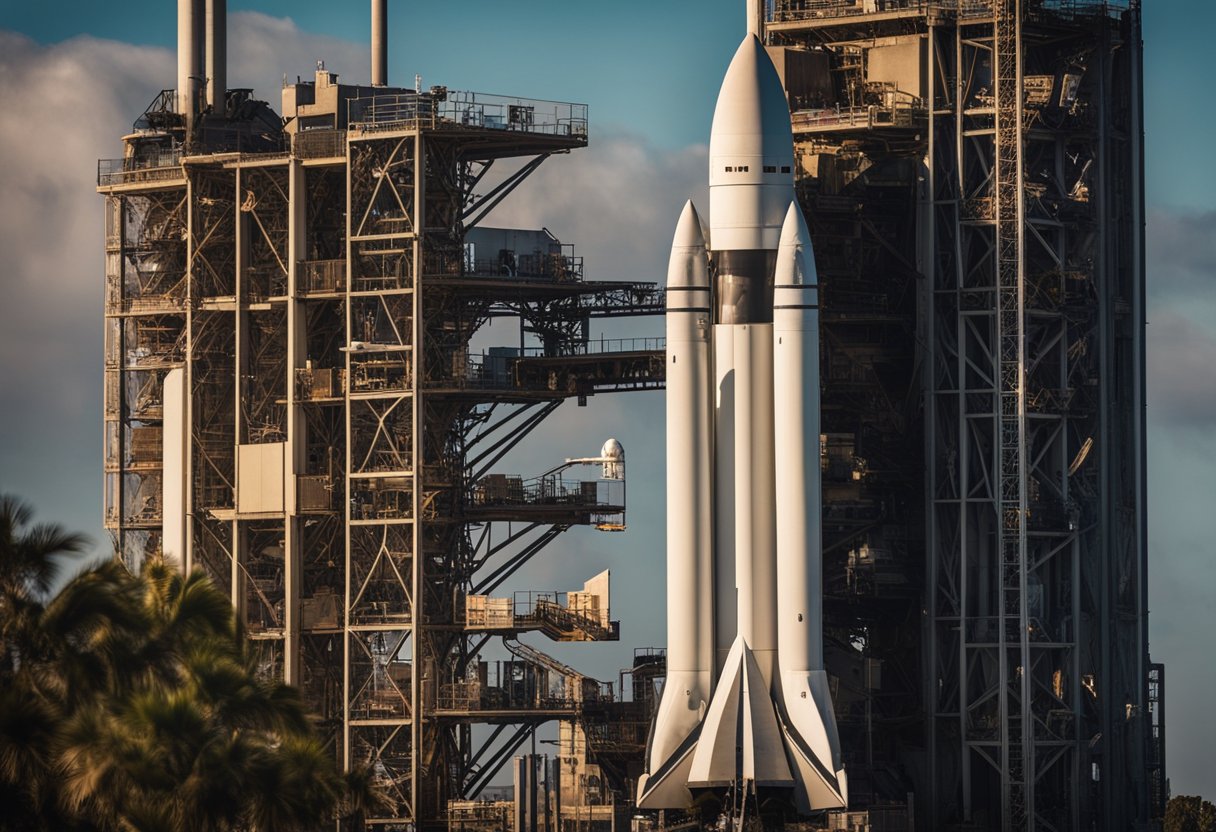 A rocket stands tall on a launch pad, surrounded by historic space sites. Tourists explore the area, taking in the significance of the space exploration landmarks