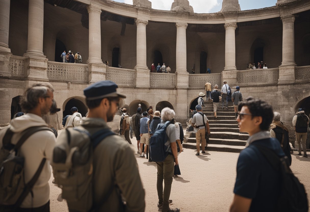 Visitors explore historical space sites, guided by tour staff, in a group setting