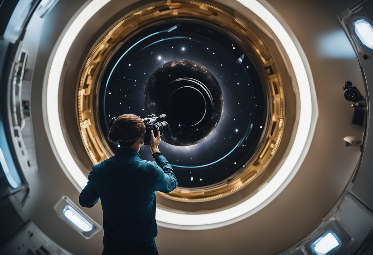 A camera floats weightlessly, capturing the Earth's curvature and stars in the background, while a space tourist takes photographs in zero-gravity