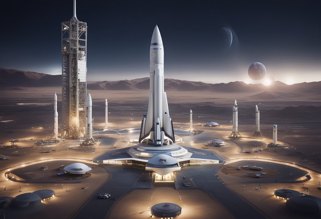 A bustling spaceport with rockets and spacecrafts preparing for launch, surrounded by futuristic launch facilities. Tourists with cameras capture the excitement of space tourism