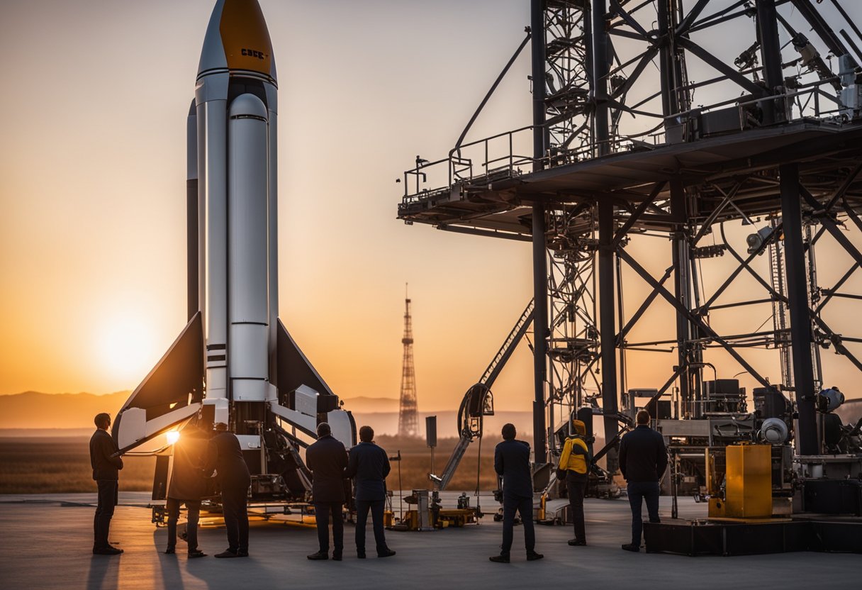 A rocket sits on the launch pad, surrounded by a team of technicians and engineers preparing for a space photography tour. The sun rises in the background, casting a warm glow over the scene