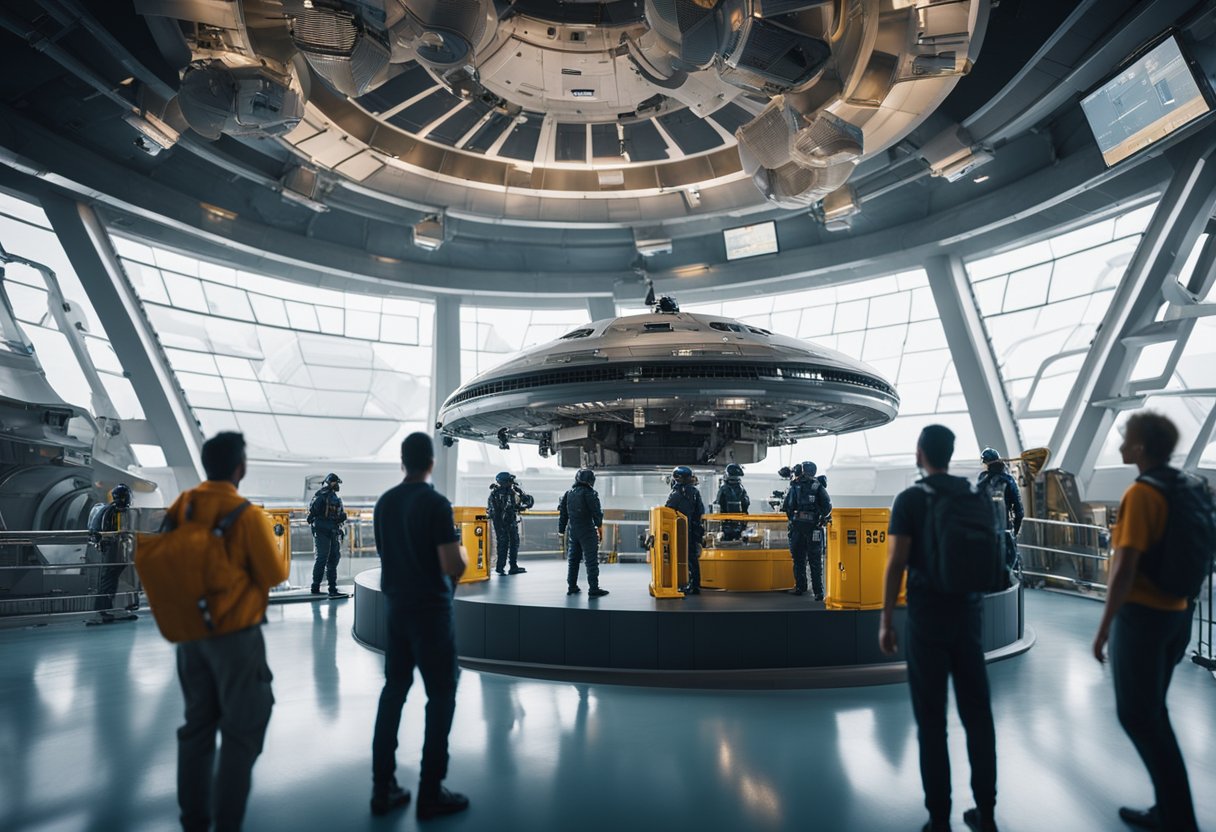A spacecraft hovers above a futuristic spaceport, surrounded by safety barriers and warning signs. A group of tourists in spacesuits listen to a guide explaining legal regulations for space photography tours
