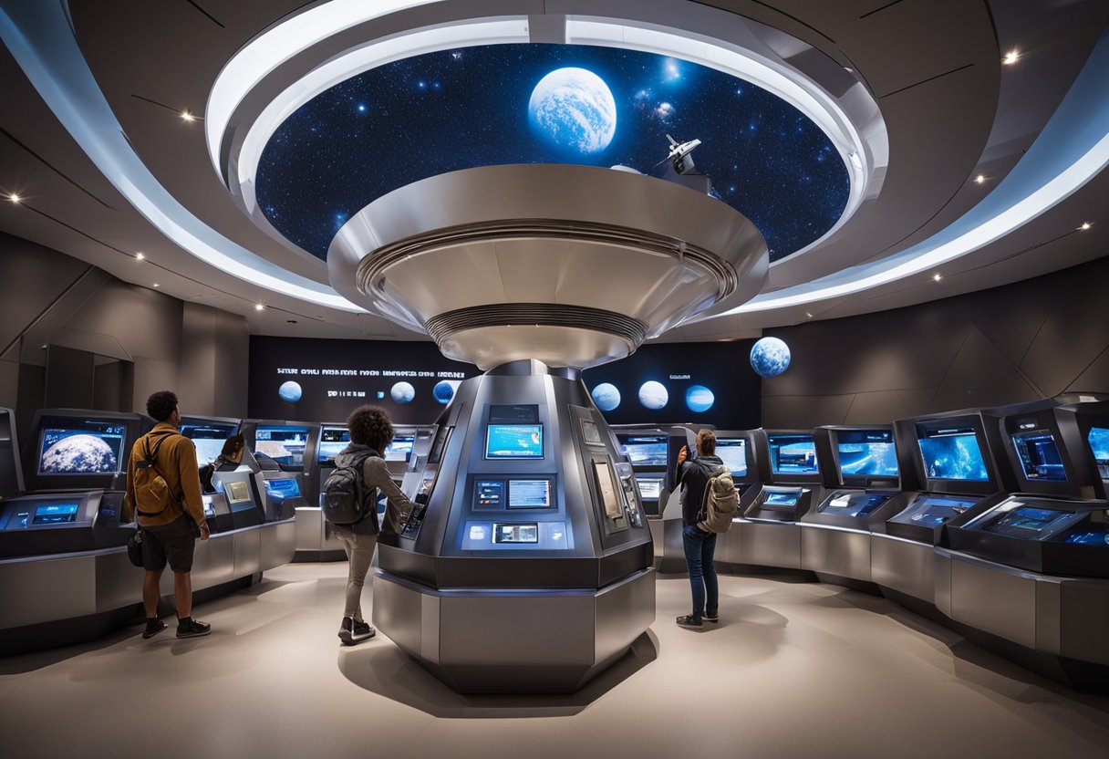 A group of tourists gather in a space-themed educational center, surrounded by interactive exhibits and educational displays. Outside, a spacecraft stands ready for photography tours
