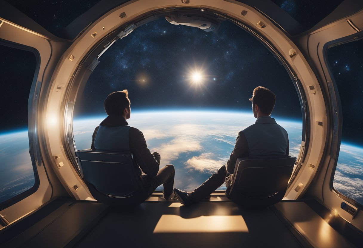 A couple floats in zero gravity, gazing at the breathtaking view of Earth from their space hotel. The sun casts a warm glow on the lunar landscape below