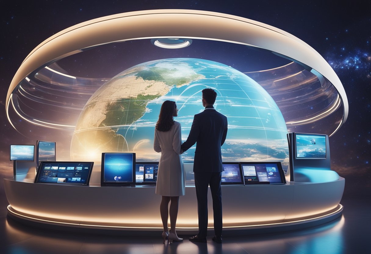 A couple standing in front of a futuristic travel agency, pointing to a holographic display of exotic off-planet honeymoon destinations