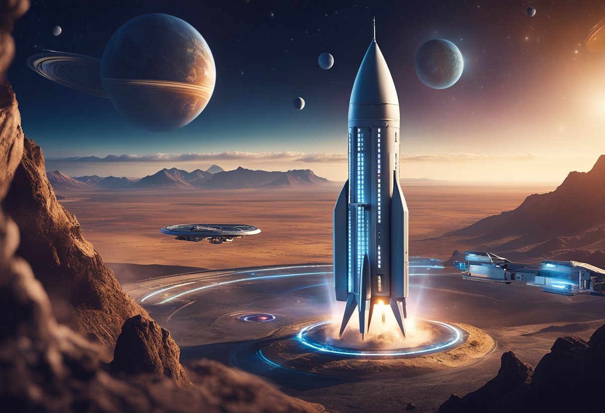 A rocket ship launches from a futuristic spaceport, with planets and stars visible in the background. A romantic, otherworldly setting for off-earth honeymoon travel
