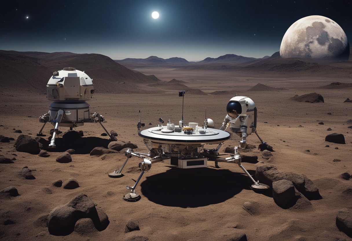 A lunar landscape with a romantic dinner setup, Earth in the background, and a couple of moon rovers parked nearby