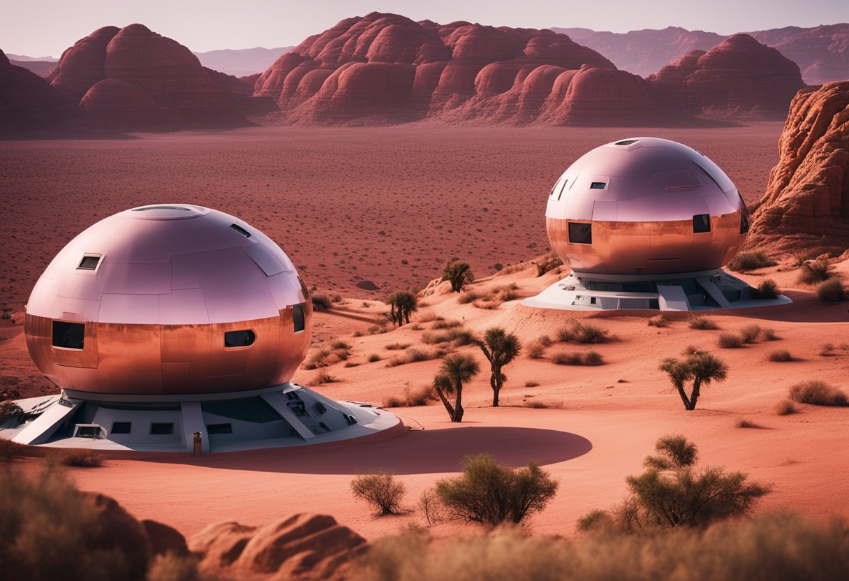 A cozy Martian retreat with red rock formations, a pink sky, and two futuristic dome-shaped structures nestled in the landscape