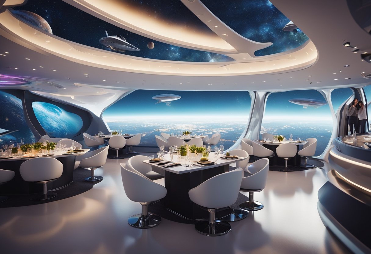 A futuristic restaurant floating in space with diners enjoying zero-gravity meals and panoramic views of distant galaxies