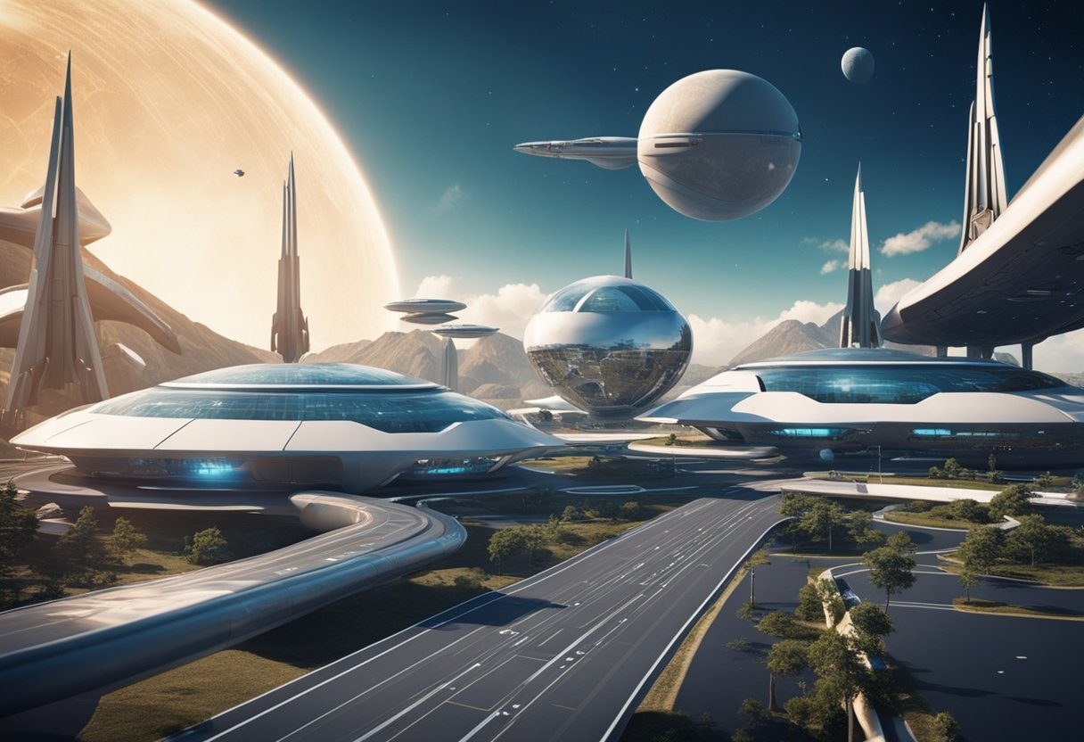 A futuristic spaceport with sleek spaceships departing for exotic off-planet honeymoon destinations
