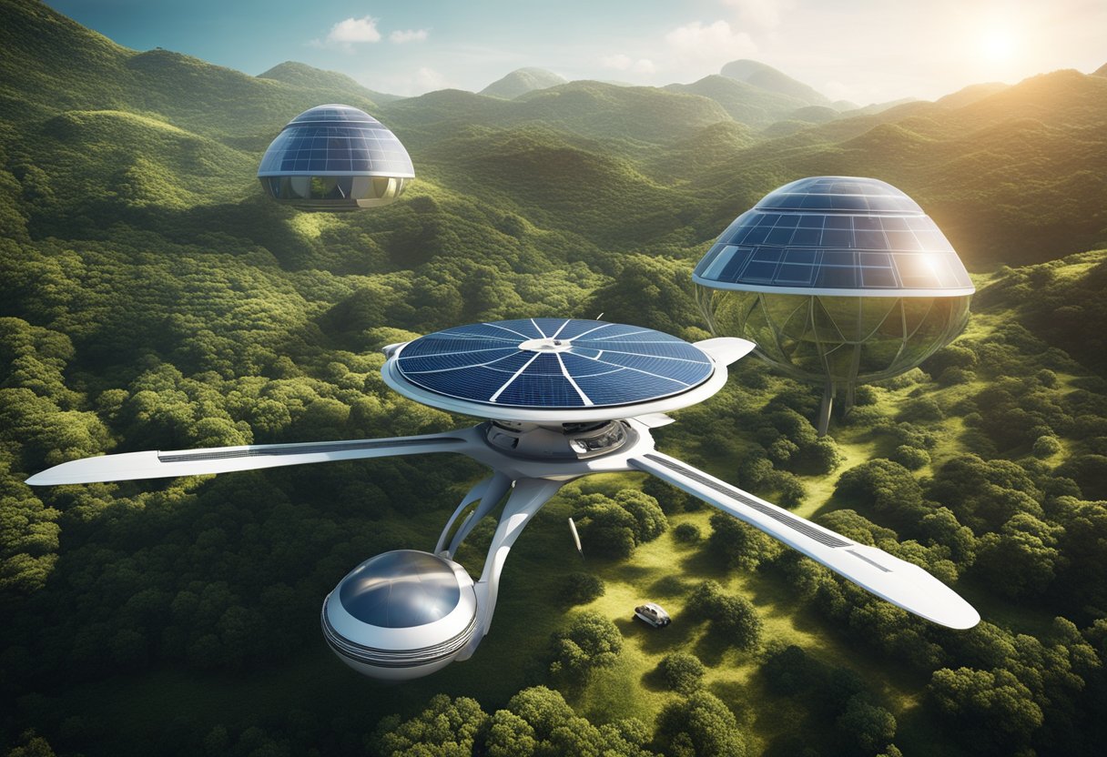 A futuristic spacecraft hovers over a lush, biodiverse extraterrestrial landscape, with solar panels and wind turbines dotting the terrain, showcasing sustainable energy practices for off-planet honeymoon destinations