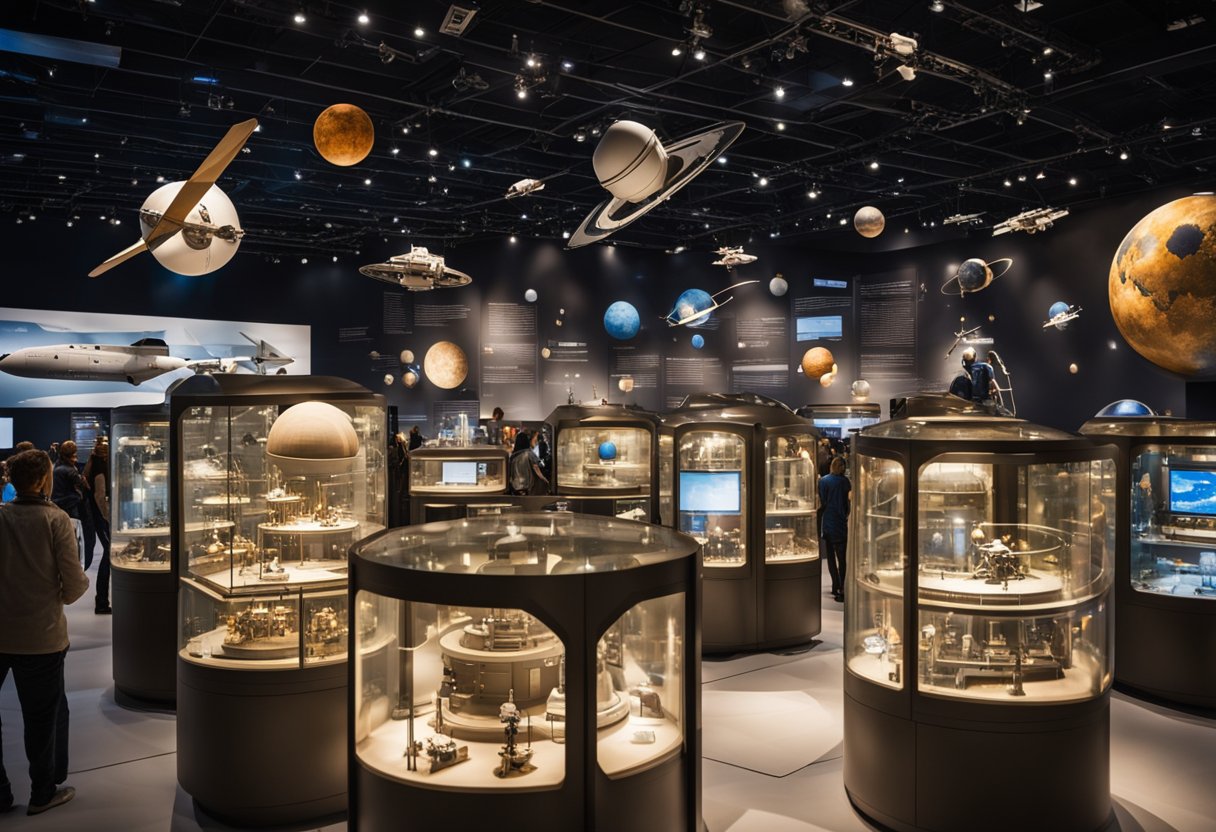 A bustling museum filled with interactive exhibits and stunning displays celebrating the achievements of space exploration. Visitors marvel at models of spacecraft and learn about the history of space travel