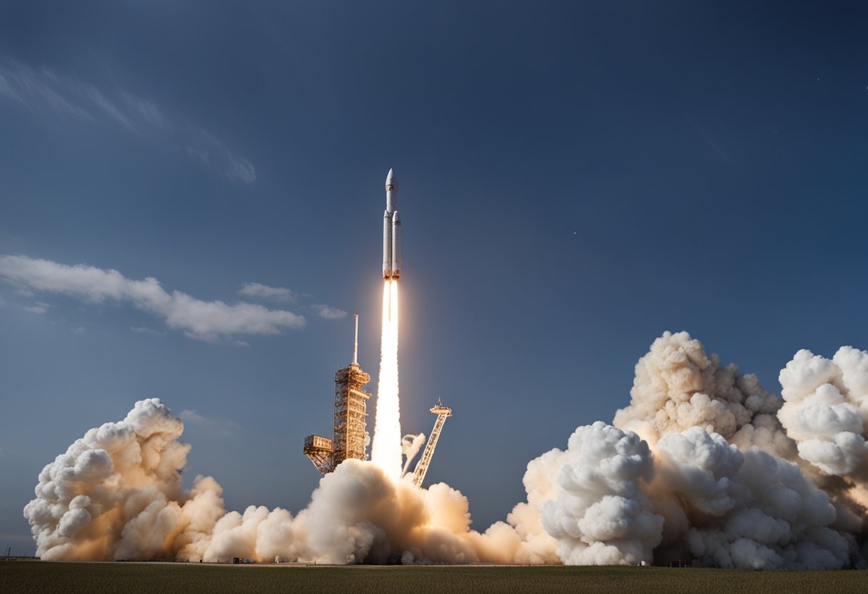 A rocket launches into space, passing by a series of milestones marking human spaceflight and space tourism achievements