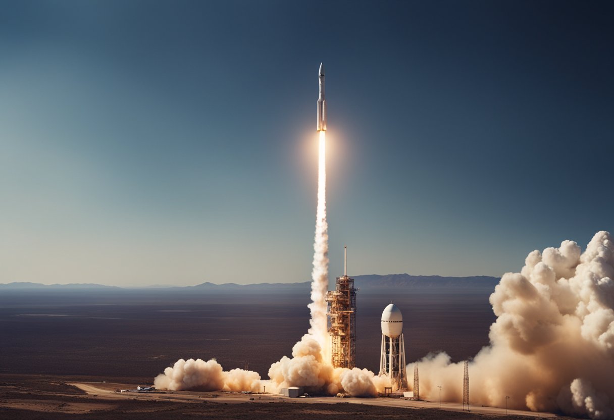 A rocket launches from Earth, passing through the atmosphere and into the vastness of space, symbolizing the educational and cultural impact of space tourism milestones