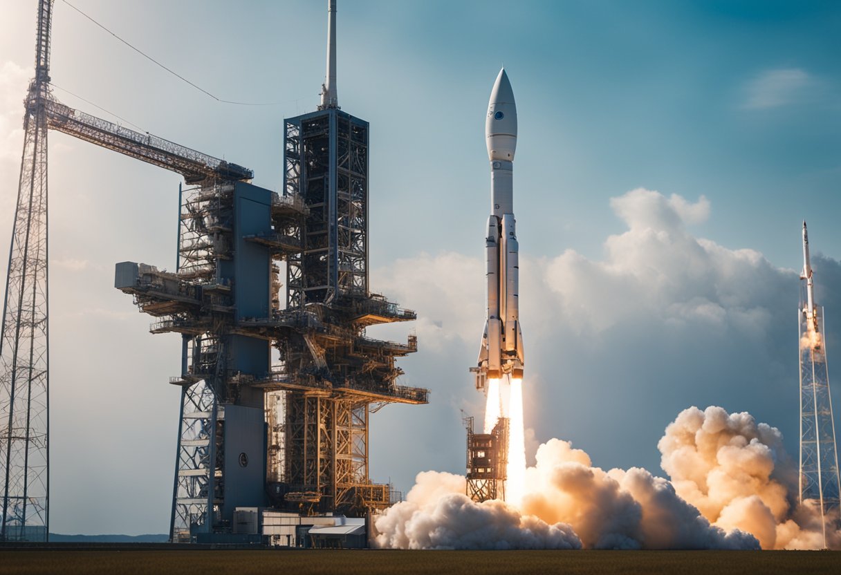 A rocket launches into space, with a futuristic space station in the background, showcasing scientific and commercial research in space tourism