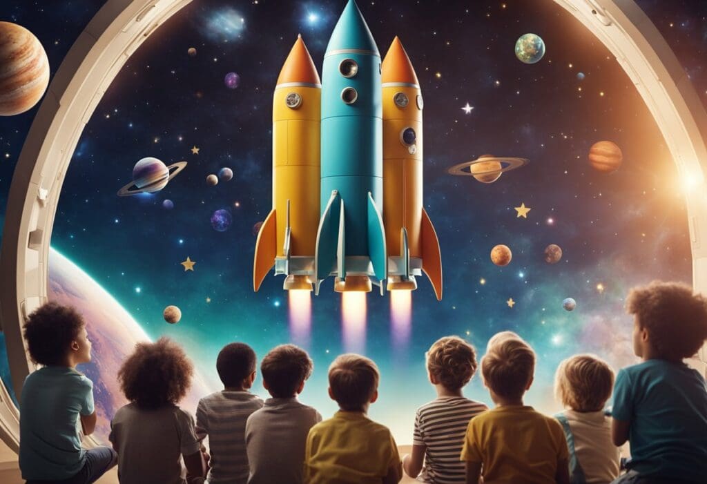 Children watching a colorful rocket launch into a starry, planet-filled space scene from a large circular window during a space-themed educational programme.