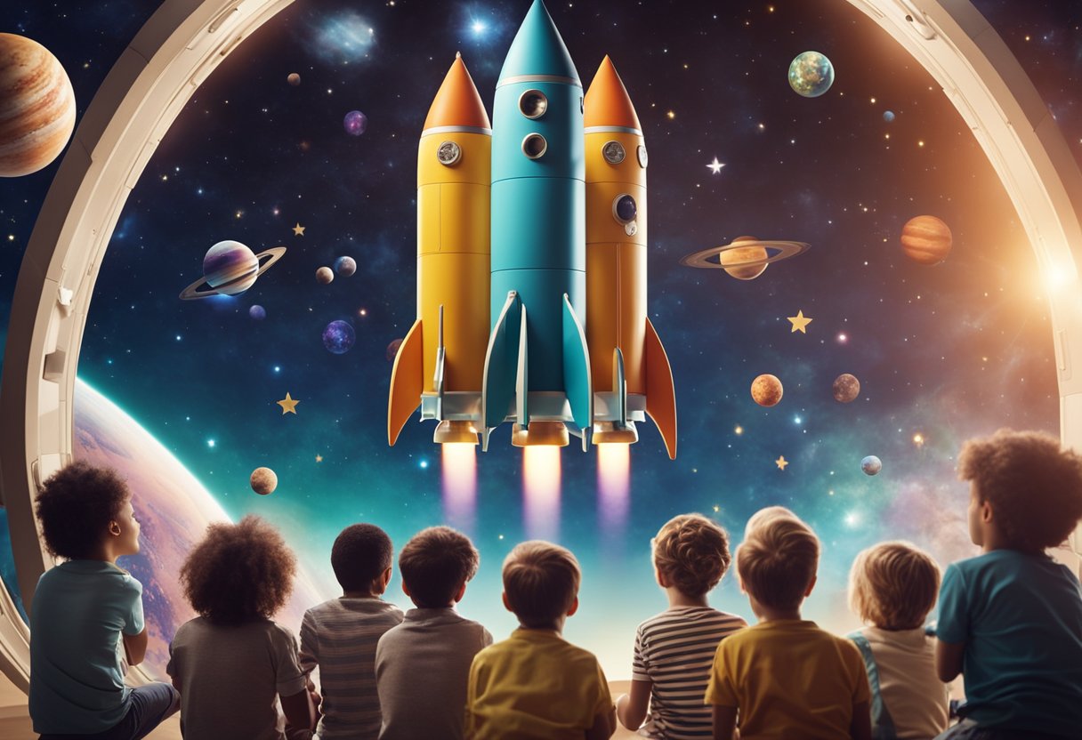 A rocket ship zooms past colorful planets and stars, while a group of curious children look on in awe during a space-themed educational program