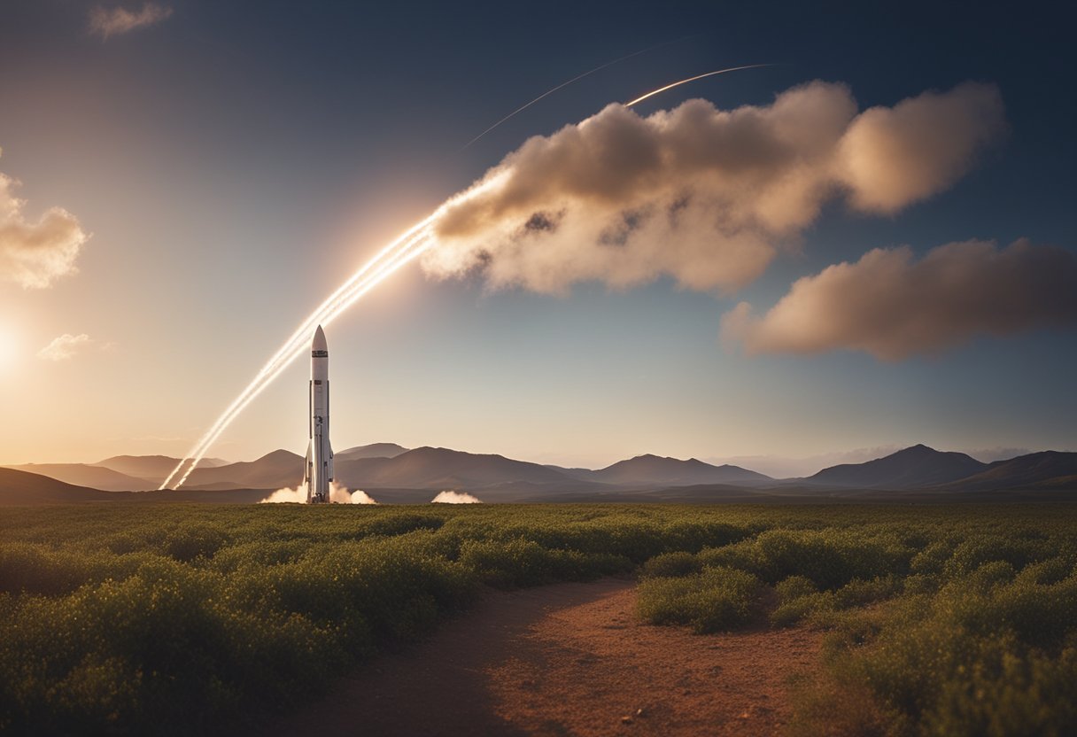 A rocket launches from Earth, leaving a trail of clean, sustainable energy behind as it propels into the cosmos